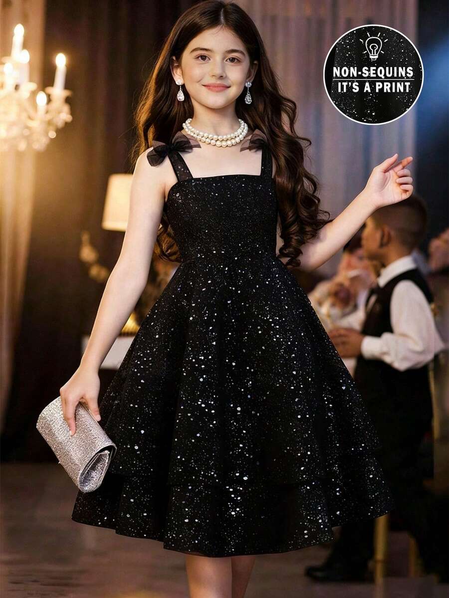SHEIN Tween Girls Ruched Elegant Black And Silver Glitter A-Line Mesh Slip Mini Dress, Graduation, Outfit