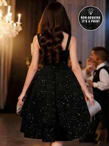 SHEIN Tween Girls Ruched Elegant Black And Silver Glitter A-Line Mesh Slip Mini Dress, Graduation, Outfit - Black - View 3