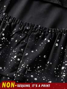 SHEIN Tween Girls Ruched Elegant Black And Silver Glitter A-Line Mesh Slip Mini Dress, Graduation, Outfit - Black - View 6