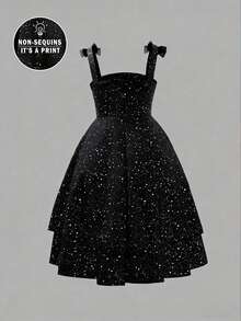 SHEIN Tween Girls Ruched Elegant Black And Silver Glitter A-Line Mesh Slip Mini Dress, Graduation, Outfit - Black - View 5