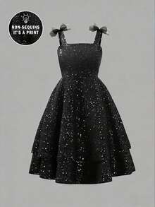 SHEIN Tween Girls Ruched Elegant Black And Silver Glitter A-Line Mesh Slip Mini Dress, Graduation, Outfit - Black - View 4