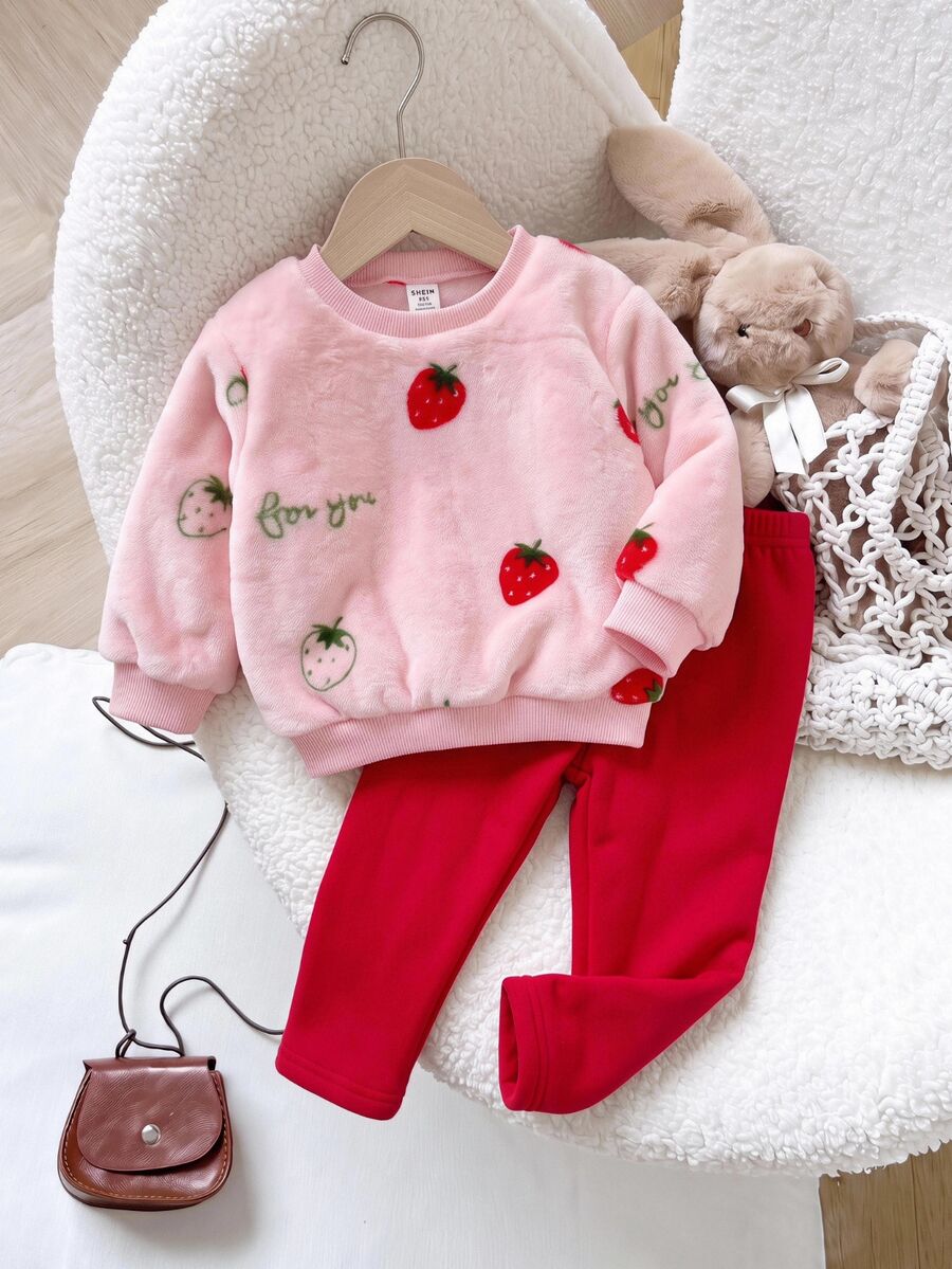 SHEIN Baby Girl Knitted Solid Color Strawberry Pattern Faux Fur Crew Neck Sweatshirt And Long Pants 2 Pieces Set, Red. Christmas - Red and White - View 1
