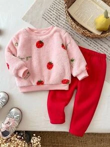 SHEIN Baby Girl Knitted Solid Color Strawberry Pattern Faux Fur Crew Neck Sweatshirt And Long Pants 2 Pieces Set, Red. Christmas - Red and White - View 5