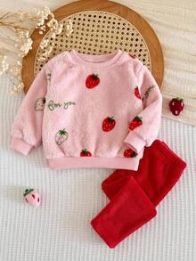 SHEIN Baby Girl Knitted Solid Color Strawberry Pattern Faux Fur Crew Neck Sweatshirt And Long Pants 2 Pieces Set, Red. Christmas - Red and White - View 3