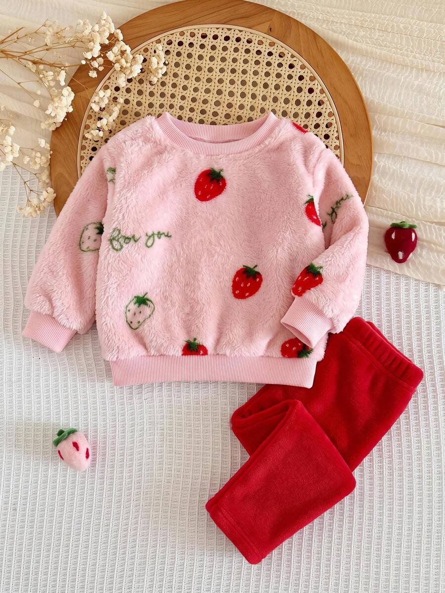 SHEIN Baby Girl Knitted Solid Color Strawberry Pattern Faux Fur Crew Neck Sweatshirt And Long Pants 2 Pieces Set, Red. Christmas - Red and White - View 1