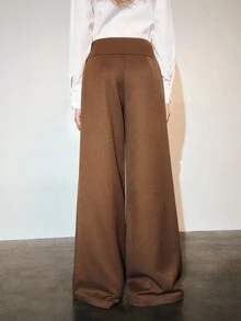 MOTF PREMIUM Celana Panjang Wanita Musim Gugur/Dingin Gaya Urban Pinggang Lebar dengan Kancing dan Potongan Lebar untuk Komuter - Coffee Brown - View 7