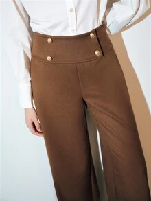 MOTF PREMIUM Celana Panjang Wanita Musim Gugur/Dingin Gaya Urban Pinggang Lebar dengan Kancing dan Potongan Lebar untuk Komuter - Coffee Brown - View 2