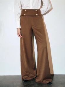 MOTF PREMIUM Celana Panjang Wanita Musim Gugur/Dingin Gaya Urban Pinggang Lebar dengan Kancing dan Potongan Lebar untuk Komuter - Coffee Brown - View 6