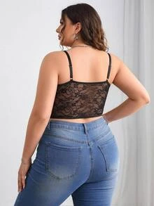SHEIN CURVE+ Large Lace Black Tight Vest, Interior, Halloween, Party Season, Christmas - Black - View 6