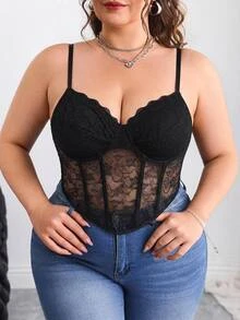 SHEIN CURVE+ Large Lace Black Tight Vest, Interior, Halloween, Party Season, Christmas - Black - View 4