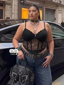 SHEIN CURVE+ Large Lace Black Tight Vest, Interior, Halloween, Party Season, Christmas - Black - View 2
