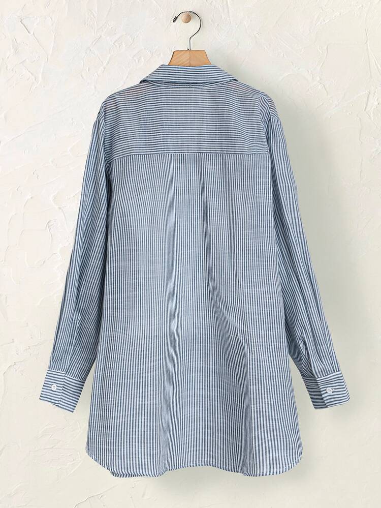 EMERY ROSE Kemeja Garis-Garis Kasual Lengan Panjang Ukuran Besar, Pakaian Wanita Musim Gugur - Blue and White - View 4