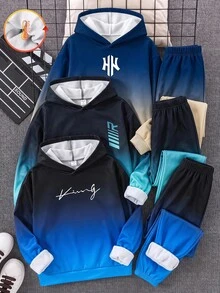 SHEIN 2件組兒童小男孩秋冬休閒運動套裝，圓領漸層運動衫與漸層慢跑褲套裝，適合秋冬、學校、家庭聚會、開學、運動、秋季穿搭、冬季穿搭、生日派對 - 黑色 - 查看 6