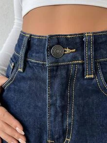 SHEIN بنطلون جينز نسائي بخصر عالي وخصر مطاطي بلون أزرق داكن وساق واسعة مقاس كبير - أزرق داكن - مشاهدة 5