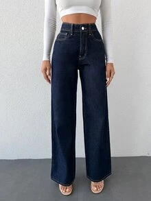 SHEIN بنطلون جينز نسائي بخصر عالي وخصر مطاطي بلون أزرق داكن وساق واسعة مقاس كبير - أزرق داكن - مشاهدة 1
