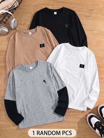 SHEIN Little Byeori เสื้อยืดแขนยาวคอกลมแบบสวมหัวสไตล์วิทยาลัยย้อนยุคสำหรับเด็กชายวัยรุ่น, ชุดฤดูใบไม้ร่วง, ชุดฤดูหนาว, เสื้อยืดลายทางหลวม, เหมาะสำหรับฤดูใบไม้ผลิ, ฤดูร้อน, ฤดูใบไม้ร่วง, ฤดูหนาว, โรงเรียน, การรวมตัวของครอบครัว, กีฬา, งานวันเกิด