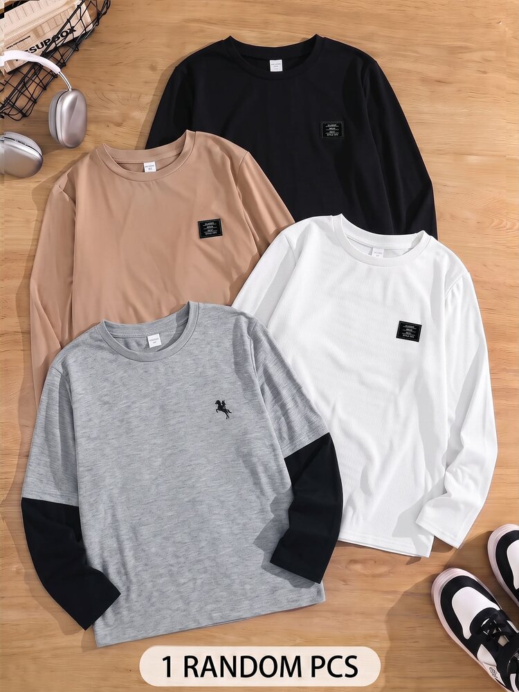 SHEIN Little Byeori Kids Tween Boy Casual College Retro Style Crew Neck Pullover Long Sleeve T-Shirt, FallOutfit, WinterOutfit, Loose Striped T-Shirt, Suitable For Spring, Summer, Fall, Winter, School, Family Gathering, Sports, Birthday Party - Grey - View 1