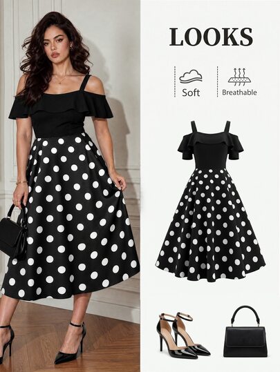 Formidée Gaun Elegan Patchwork Tanpa Bahu Motif Polkadot untuk Wanita Ukuran Plus