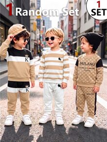 SHEIN 1 Random Set:Baby Boys Random Geometric Lattice Striped Colorblock Crown Letter K Print Crew Neck Sweatshirt And Jogger Pants 2pcs Set Fall Outfits - Multicolor - View 5