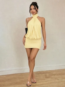 SHEIN PETITE 女款迷你洋裝 派對夜生活 淡黃色 夏季性感 - 淡黃色 - 查看 4