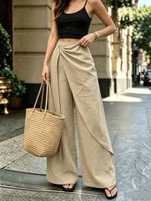 SHEIN Holidaya Celana Palazzo Wanita Musim Gugur/Musim Dingin Model Lilitan Campuran Linen Pinggang Tinggi dengan Simpul Putar dan Belahan, Model Mengalir - Khaki - View 4