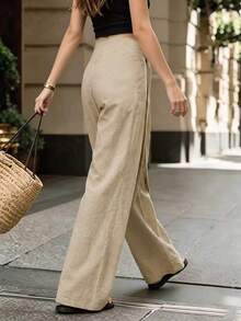 SHEIN Holidaya Celana Palazzo Wanita Musim Gugur/Musim Dingin Model Lilitan Campuran Linen Pinggang Tinggi dengan Simpul Putar dan Belahan, Model Mengalir - Khaki - View 2