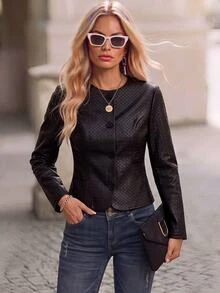 Brillora جاكيت جلد صناعي منسوج أسود برقبة دائرية وأزرار، مناسب للمكتب والعشاء، الخريف، الريف، ملابس غربية أنيقة، ملابس العمل - الأسود - مشاهدة 4