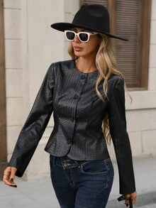 Brillora جاكيت جلد صناعي منسوج أسود برقبة دائرية وأزرار، مناسب للمكتب والعشاء، الخريف، الريف، ملابس غربية أنيقة، ملابس العمل - الأسود - مشاهدة 8