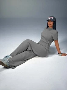 SHEIN Damset i 2 delar, plus size, grått, hög midja, lång längd, R,B-stickat - Grå - Visa 4