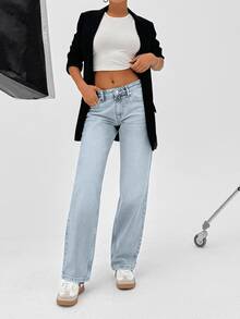 SHEIN Women Wide Leg Light Wash Grey Casual Tall Denim Jeans - Light Wash - View 8