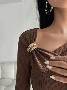 Feyla Gaun Panjang Pesta Kasual Lipit dengan Dekorasi Logam Warna Polos untuk Wanita - Coffee Brown - View 5