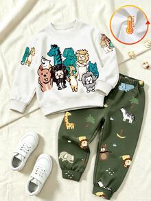 SHEIN 男童奶油色深綠色拼接卡通動物印花毛衣套裝 秋季寬鬆休閒長袖運動風可愛上衣褲子 - 彩色 - 查看 1