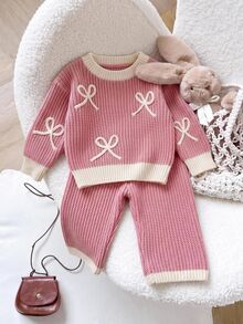 LMoss Kids 女嬰針織對比色蝴蝶結休閒毛衣與長褲兩件套 - 彩色 - 查看 1