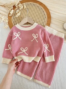 LMoss Kids 女嬰針織對比色蝴蝶結休閒毛衣與長褲兩件套 - 彩色 - 查看 6