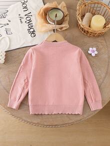 SHEIN Infant Pink Textured Knit Sweater With White Bow, Soft And Comfortable Pullover Round Neck Long Sleeve - Pink - View 4