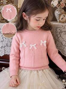 SHEIN Infant Pink Textured Knit Sweater With White Bow, Soft And Comfortable Pullover Round Neck Long Sleeve - Pink - View 5
