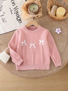 SHEIN Infant Pink Textured Knit Sweater With White Bow, Soft And Comfortable Pullover Round Neck Long Sleeve - Pink - View 6