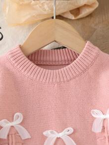 SHEIN Infant Pink Textured Knit Sweater With White Bow, Soft And Comfortable Pullover Round Neck Long Sleeve - Pink - View 10