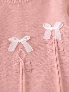 SHEIN Infant Pink Textured Knit Sweater With White Bow, Soft And Comfortable Pullover Round Neck Long Sleeve - Pink - View 11