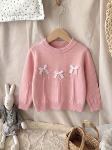 SHEIN Infant Pink Textured Knit Sweater With White Bow, Soft And Comfortable Pullover Round Neck Long Sleeve - Pink - View 2