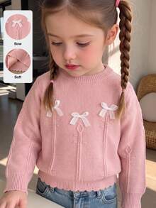 SHEIN Infant Pink Textured Knit Sweater With White Bow, Soft And Comfortable Pullover Round Neck Long Sleeve - Pink - View 3