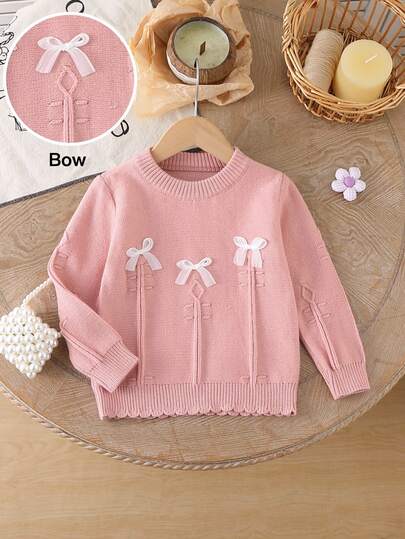 SHEIN Infant Pink Textured Knit Sweater With White Bow, Soft And Comfortable Pullover Round Neck Long Sleeve