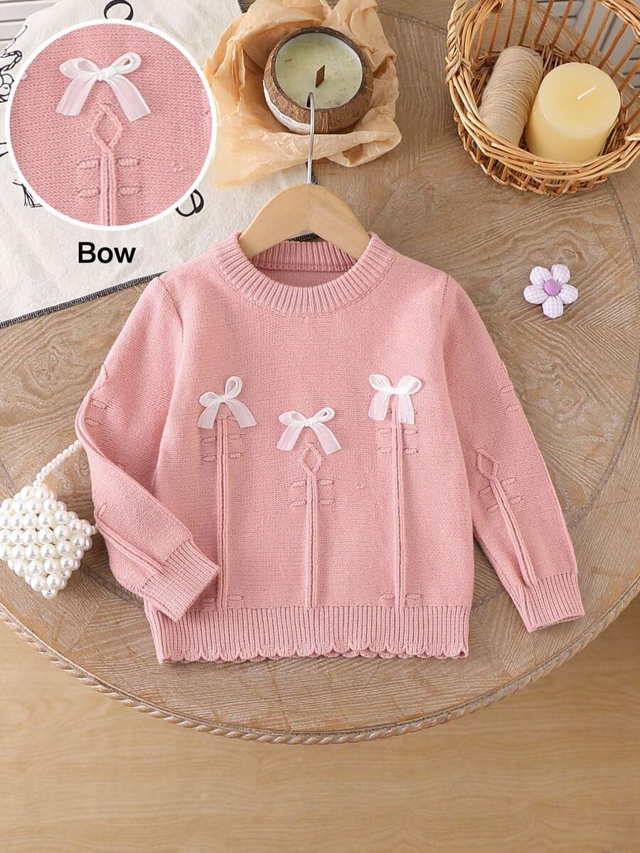 SHEIN Infant Pink Textured Knit Sweater With White Bow, Soft And Comfortable Pullover Round Neck Long Sleeve - Pink - View 1