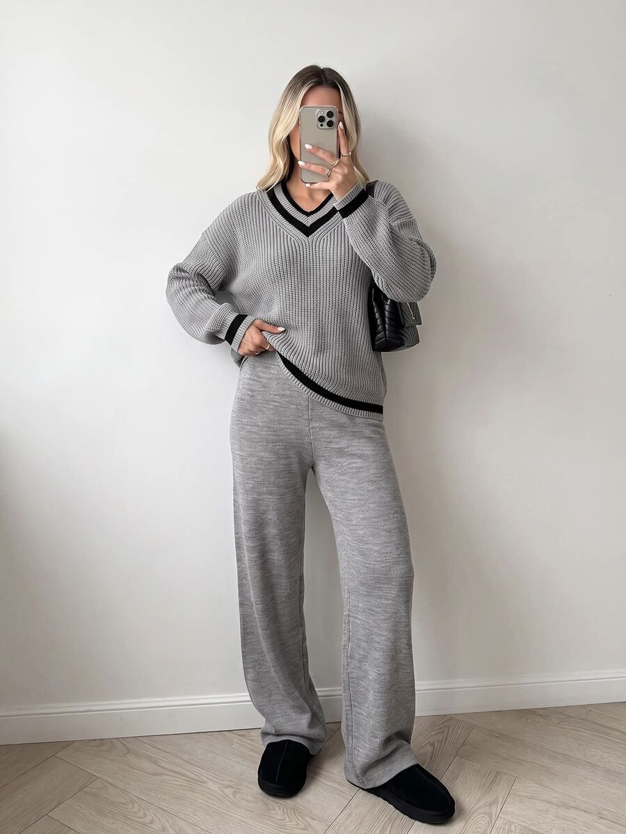 SHEIN Women's V-Neck Sweater And Wide Leg Pants With Drawstring - Grey - View 1