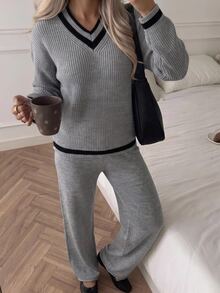 SHEIN Women's V-Neck Sweater And Wide Leg Pants With Drawstring - Grey - View 8