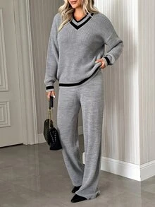 SHEIN Women's V-Neck Sweater And Wide Leg Pants With Drawstring - Grey - View 7
