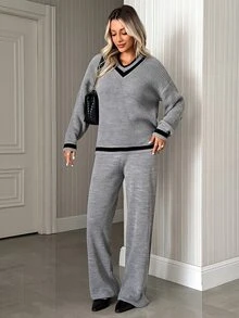 SHEIN Women's V-Neck Sweater And Wide Leg Pants With Drawstring - Grey - View 6