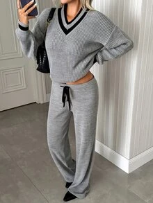 SHEIN Women's V-Neck Sweater And Wide Leg Pants With Drawstring - Grey - View 4