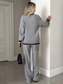 SHEIN Women's V-Neck Sweater And Wide Leg Pants With Drawstring - Grey - View 2