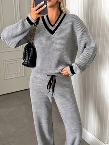 SHEIN Women's V-Neck Sweater And Wide Leg Pants With Drawstring - Grey - View 3